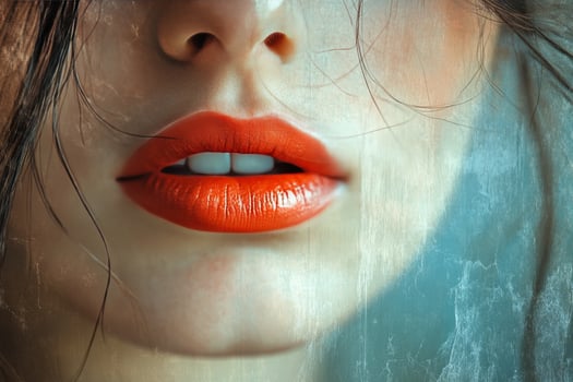 A young woman displays a close-up portrait featuring radiant blue eyes and bold red lips photo