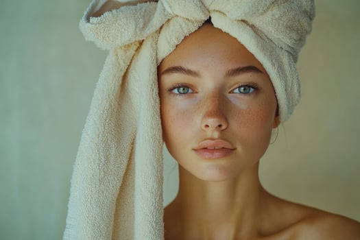 Woman with towel wrapped hair poses with natural beauty in soft lighting photo