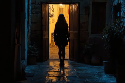 Silhouette of a woman entering a warmly lit doorway in a quiet alleyway at night photo