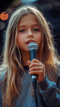 Young girl singing with microphone during an outdoor event in a vibrant setting photo