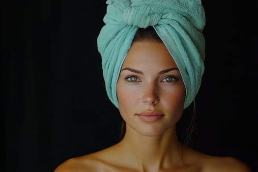 Woman with towel wrapped hair poses with natural beauty in soft lighting photo