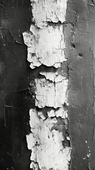 Peeling paint on a wooden surface highlights textures and contrasts in black and white photo