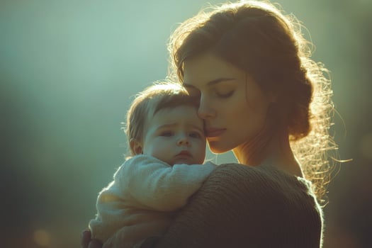 Mother holding baby in soft glowing light during a serene moment outdoors photo