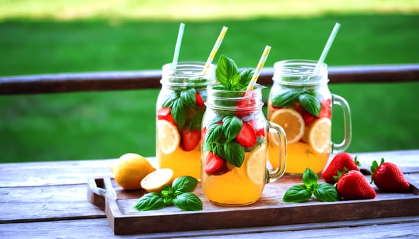 Three jars of lemonade with strawberries and lemons photo