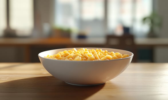 A bowl of yellow macaroni on a wooden table photo