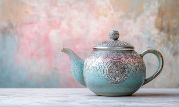 A blue and silver tea pot with a gold lid photo