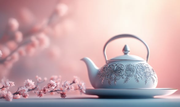 A white tea kettle sits on a white plate photo