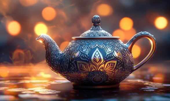 A silver tea pot with a gold design sits on a table photo
