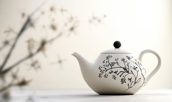 A white tea pot with a black lid and a flower design photo
