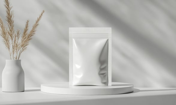 A white bag is on a white table photo