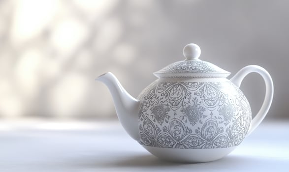 A white tea kettle with a black and white design sits on a table photo