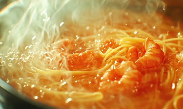 A pot of pasta with shrimp in it photo