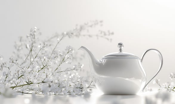 a white teapot is sitting on a table with flowers photo