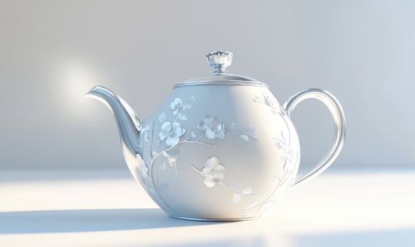 a silver teapot with flowers on it photo