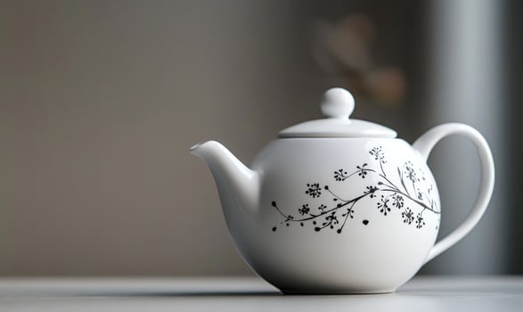A white tea pot with a black flower design on it photo