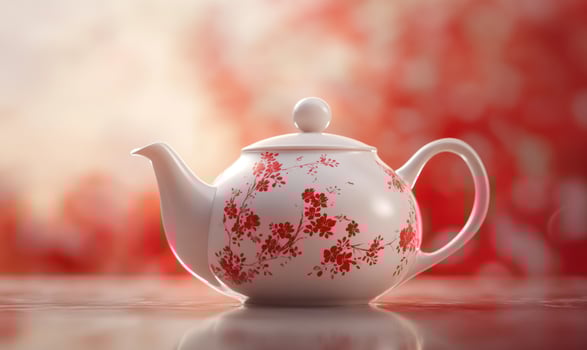 A white and red tea pot with a red flower design photo