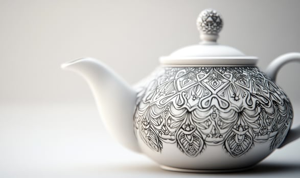 A white teapot with black designs on it photo