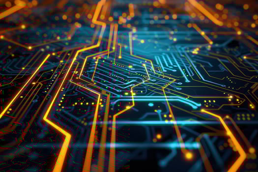 A close up of a circuit board with glowing lines photo