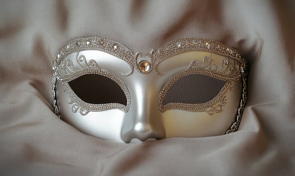 A silver mask is partially covered by a cloth photo