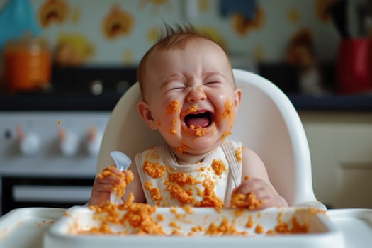 A baby is eating food in a high chair photo