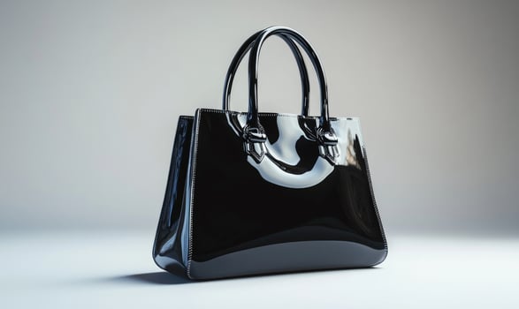 A black purse with a silver handle, gray background photo
