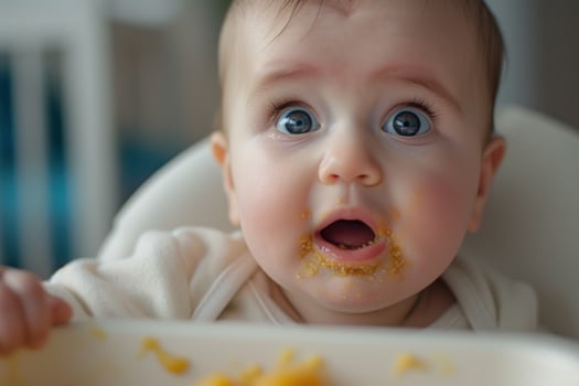 A baby eating food with a spoon in its mouth photo