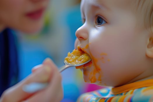 A baby eating food with a spoon photo