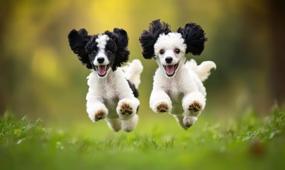 Two poodles running in a field photo
