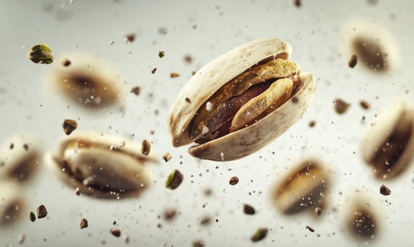 A close up of a peanut with a few other peanuts flying around it photo