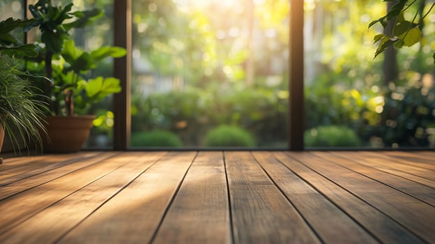 A wooden floor with a view of a garden outside photo