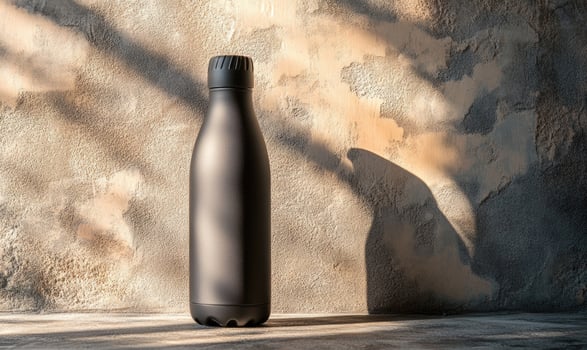 A black water bottle is sitting on a wall photo