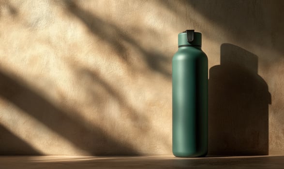 A green water bottle is sitting on a table photo