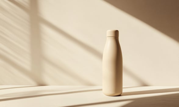 A white bottle is sitting on a table photo