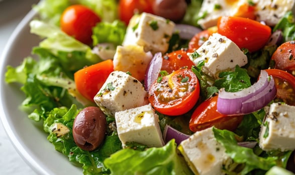 a salad with feta cheese, tomatoes, onions and olives photo