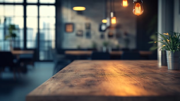 A wooden table with a potted plant on it photo