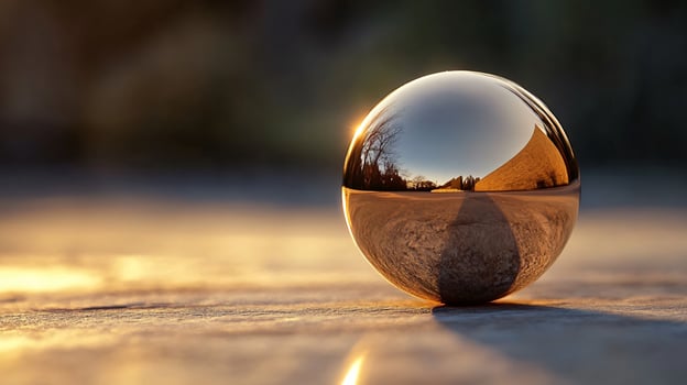 A shiny gold ball is sitting on a wooden surface photo
