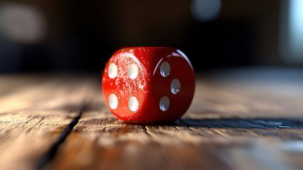 A red die sits on a wooden table photo