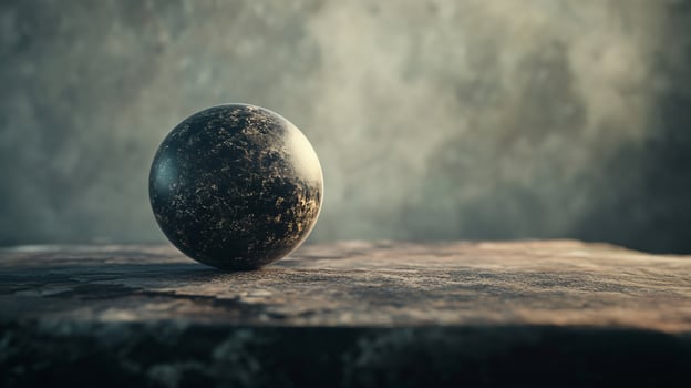 A black ball sits on a stone surface photo