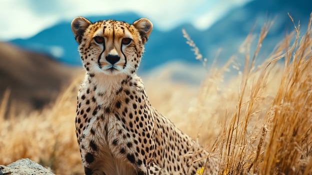 A cheetah is standing in tall grass in the wild photo