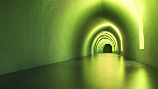 A long tunnel with a green wall and a yellow light photo
