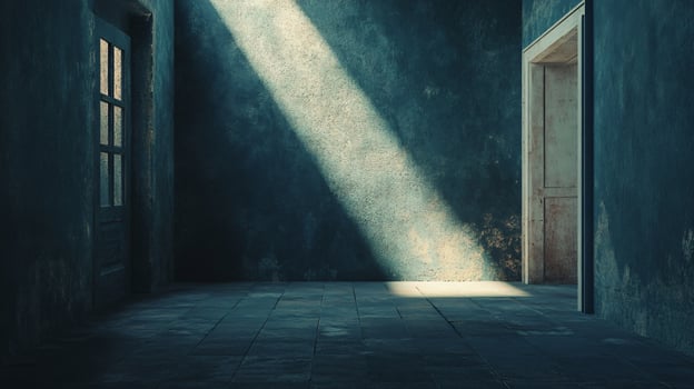 A dark room with a window and a door photo