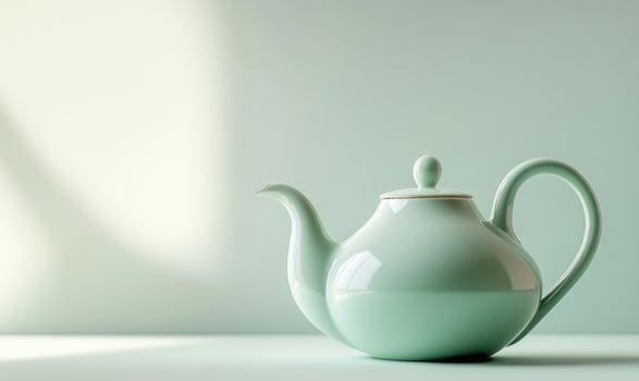 a green teapot on a table with a light background photo