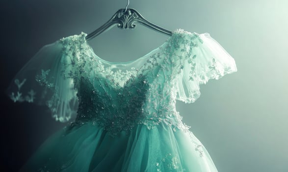 A green dress with a lace collar hanging on a hanger photo
