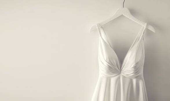 A white dress hanging on a hanger, white background photo