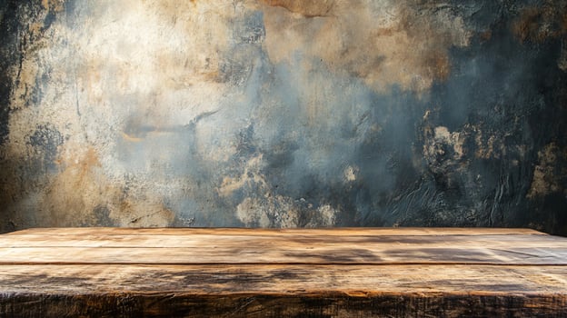 A wooden table with a wall behind it photo