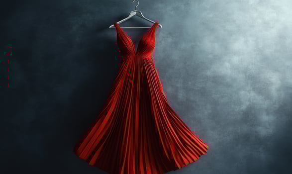 a red dress hanging on a hanger against gray wall photo