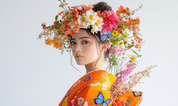 A woman wearing a flowery headband and holding flowers photo