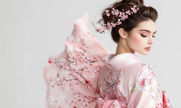 A woman wearing a pink kimono with cherry blossoms on it photo