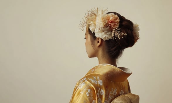 A woman wearing a yellow kimono with flowers in her hair photo