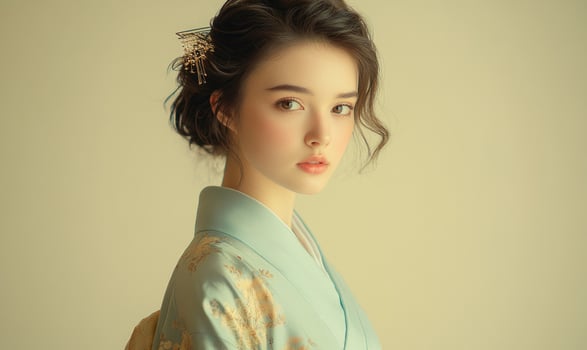 A woman wearing a blue kimono with a flower in her hair photo
